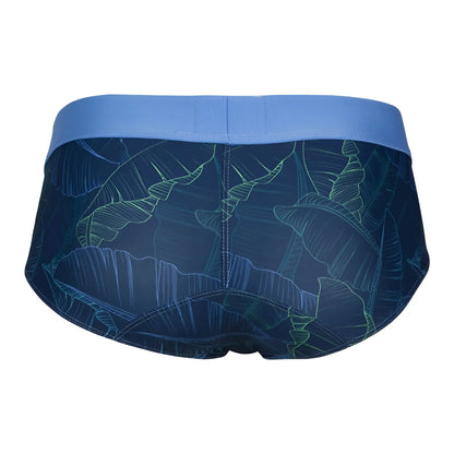 Blue tropical leaf patterned clever 1728 shape briefs for men with a solid dark blue waistband