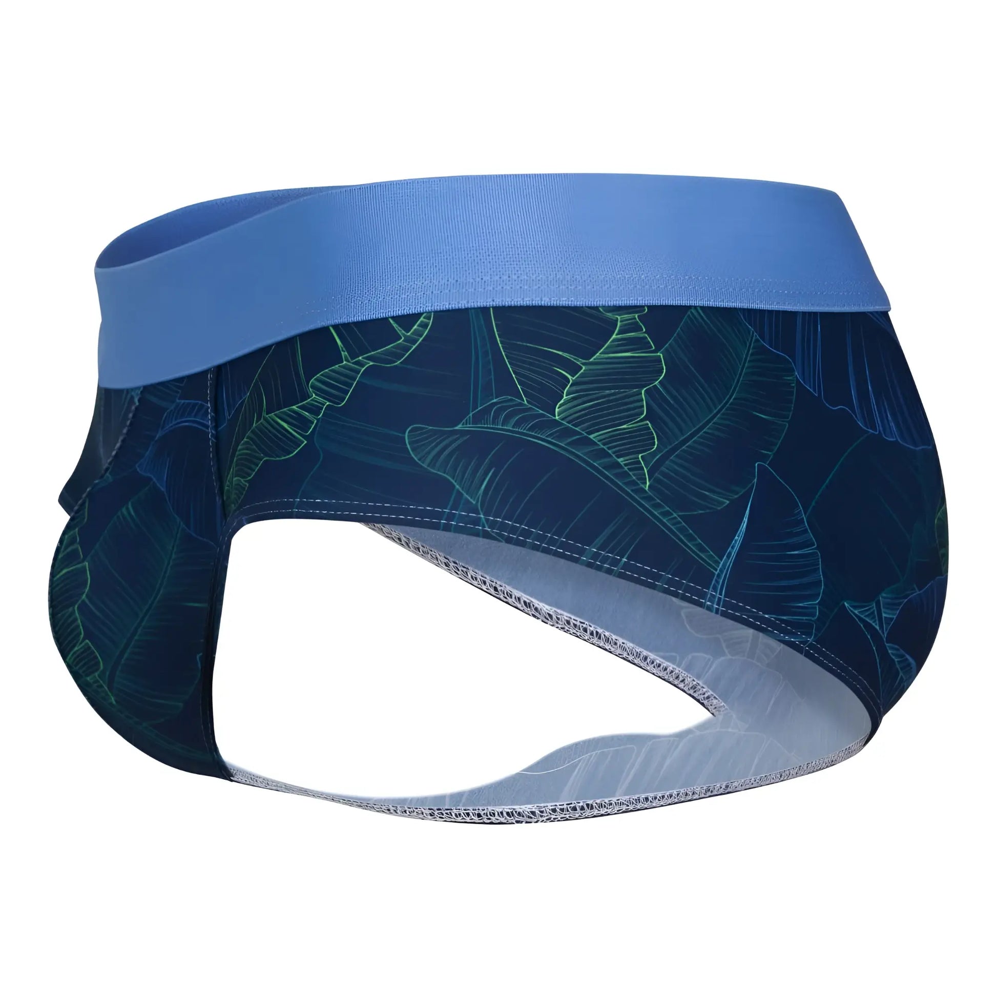 Blue waistband men’s briefs in dark blue fabric with glowing green banana leaf patterns clever 1728 shape briefs