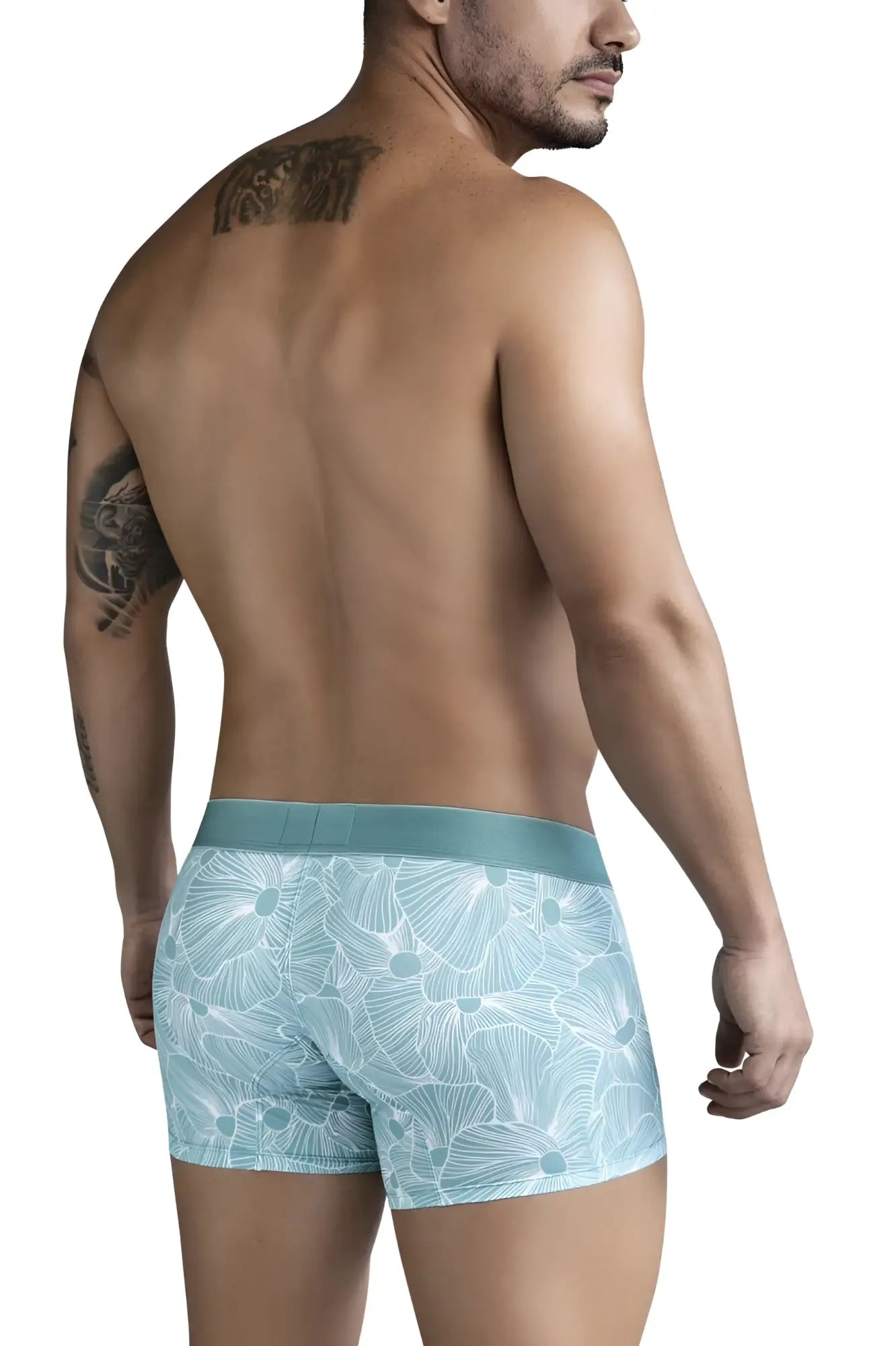 Light blue boxer briefs with delicate white floral pattern and matching waistband from clever 1729 rose trunks green