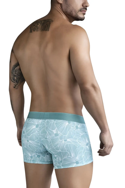 Light blue boxer briefs with delicate white floral pattern and matching waistband from clever 1729 rose trunks green