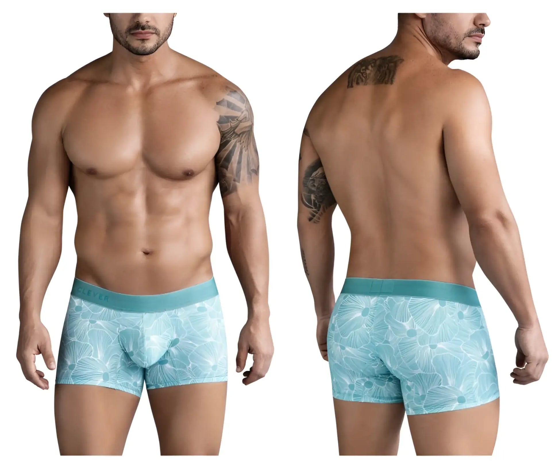 Clever 1729 rose trunks color green light blue boxer briefs with white leaf pattern and solid teal waistband