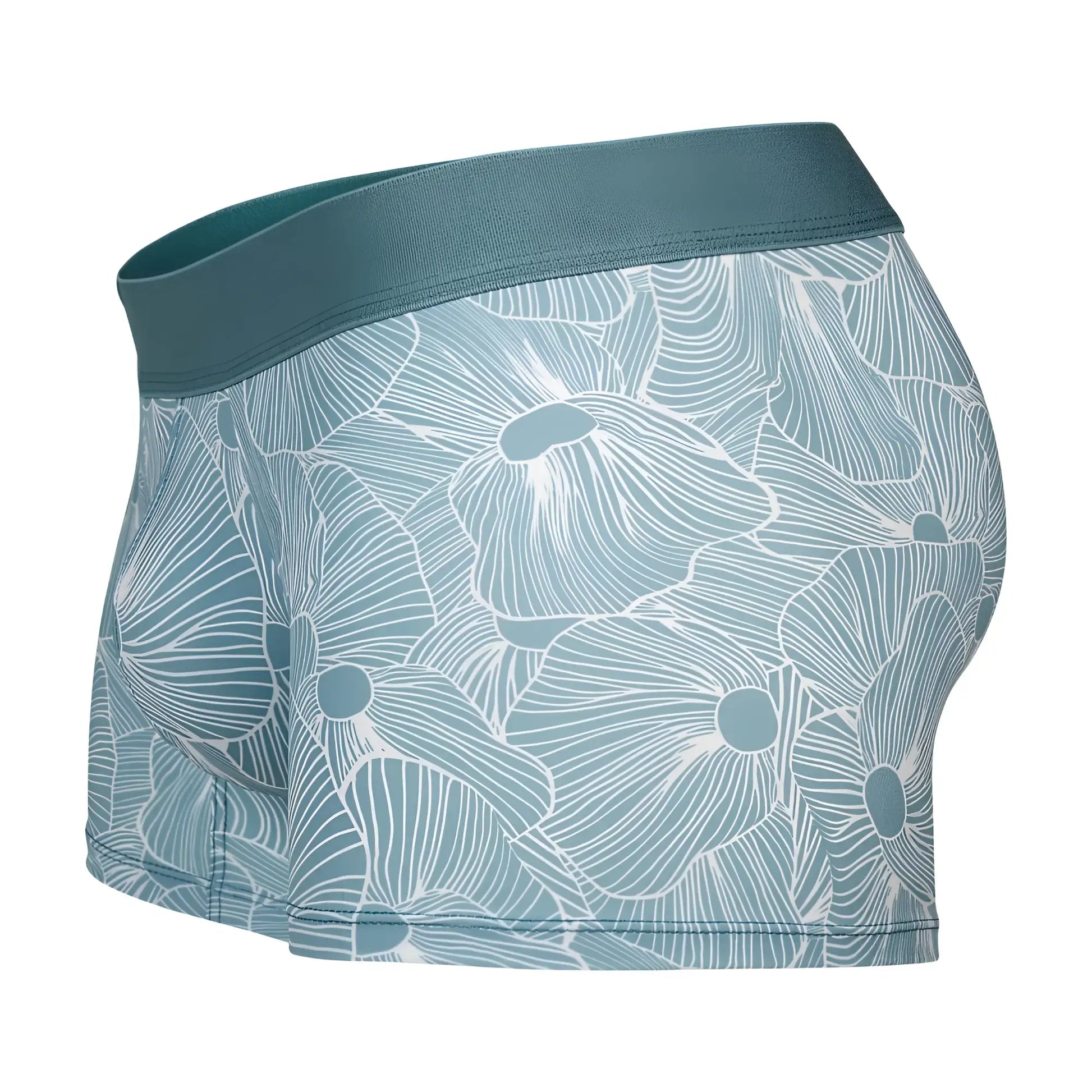 Teal floral patterned clever 1729 rose trunks boxer briefs with matching elastic waistband in green color