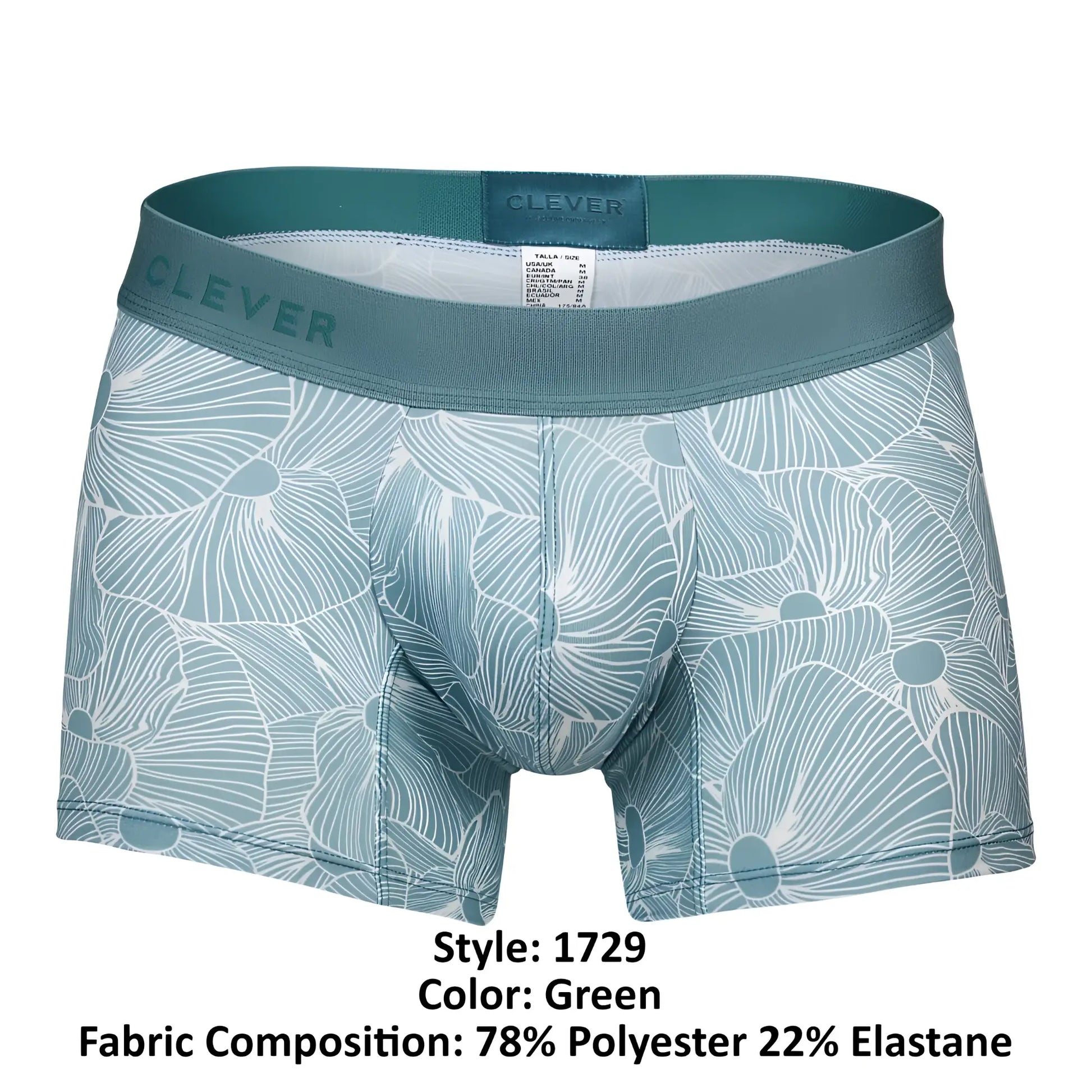 Teal-green clever 1729 rose trunks boxer briefs with white floral design and elastic waistband featuring clever label