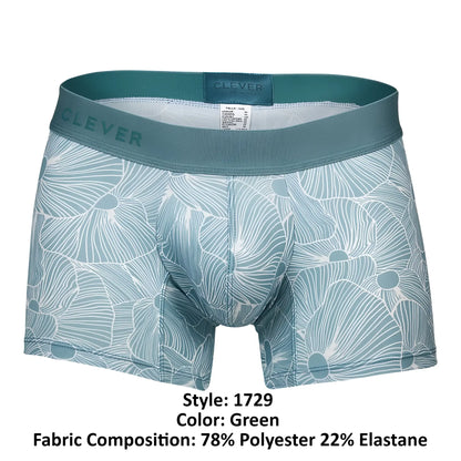 Teal-green clever 1729 rose trunks boxer briefs with white floral design and elastic waistband featuring clever label