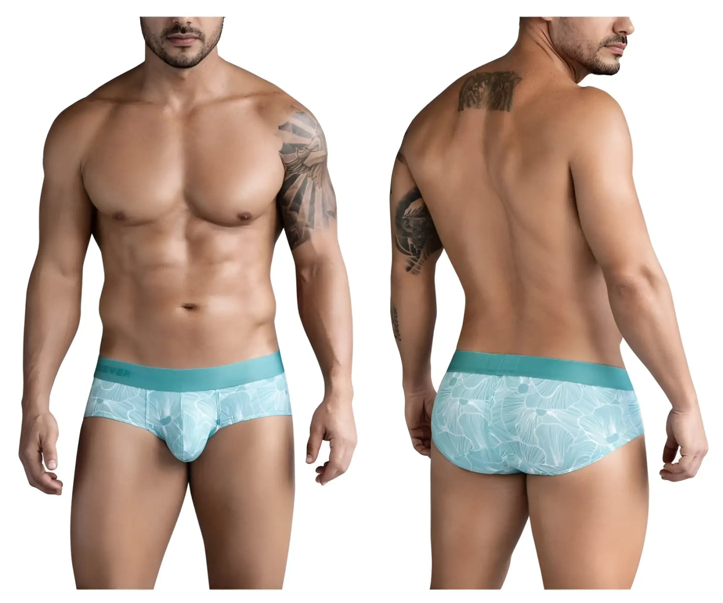 Light blue tropical leaf patterned men’s brief with solid teal waistband clever 1730 rose briefs color green