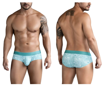 Light blue tropical leaf patterned men’s brief with solid teal waistband clever 1730 rose briefs color green