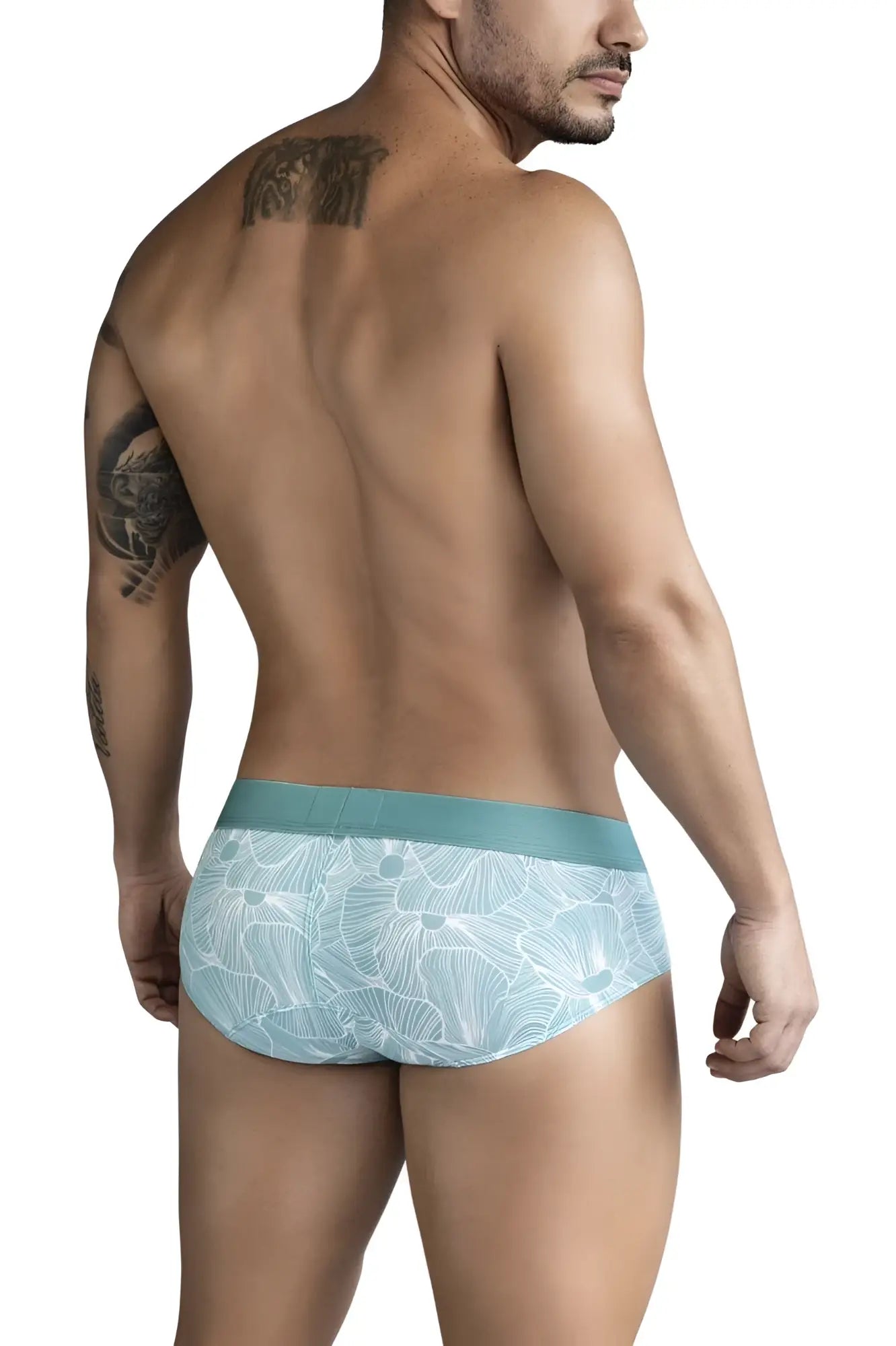 Light blue clever 1730 rose briefs with white floral pattern and solid teal waistband in green color