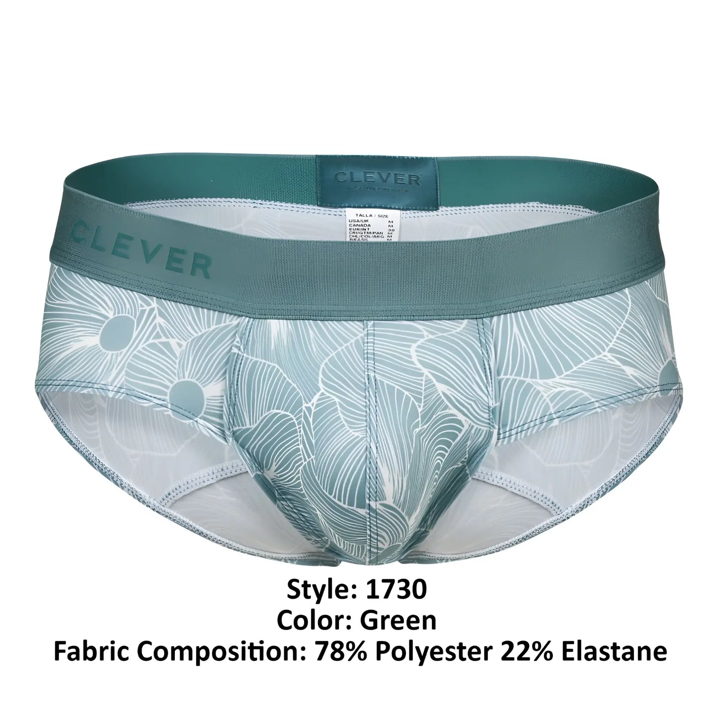 Green clever 1730 rose briefs featuring a leaf pattern and elastic waistband for comfortable everyday wear