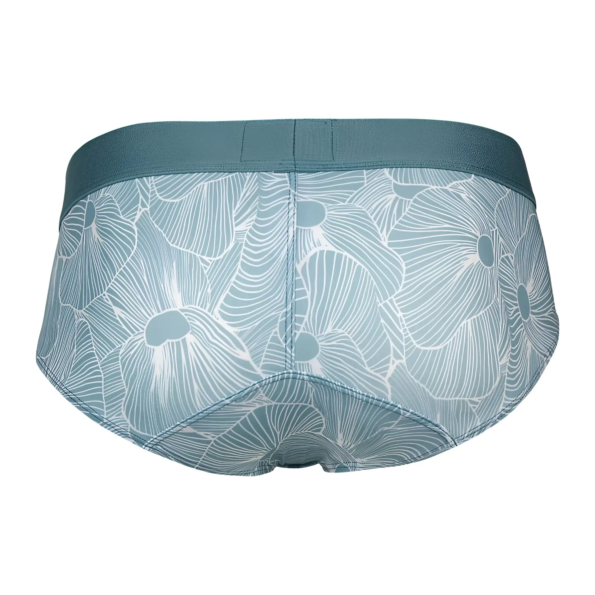 Teal floral-patterned clever 1730 rose briefs with matching elastic waistband for men in green color
