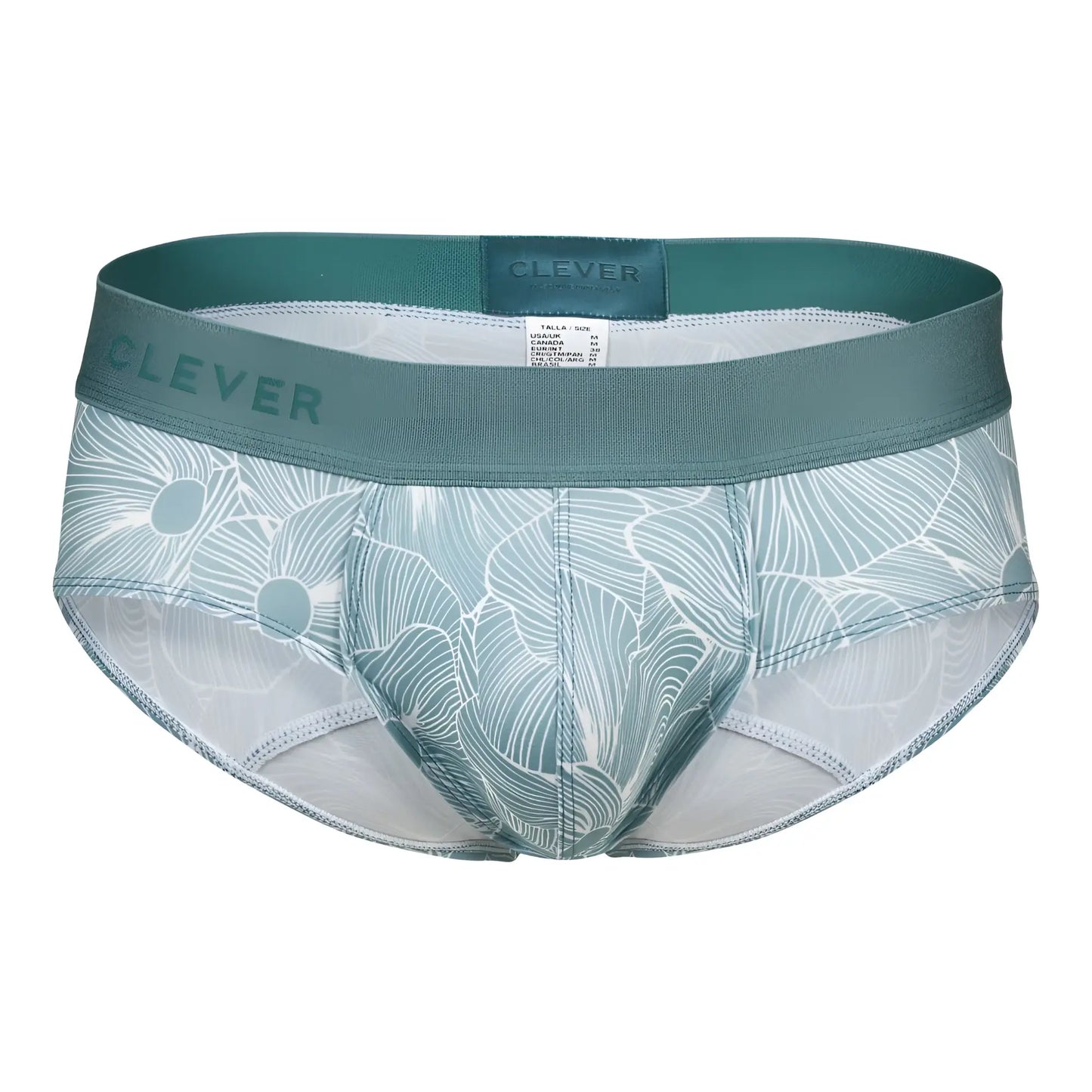 Teal and white floral-patterned men’s briefs by Clever in green color, featuring a comfortable rose design