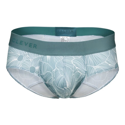 Teal and white floral-patterned men’s briefs by Clever in green color, featuring a comfortable rose design