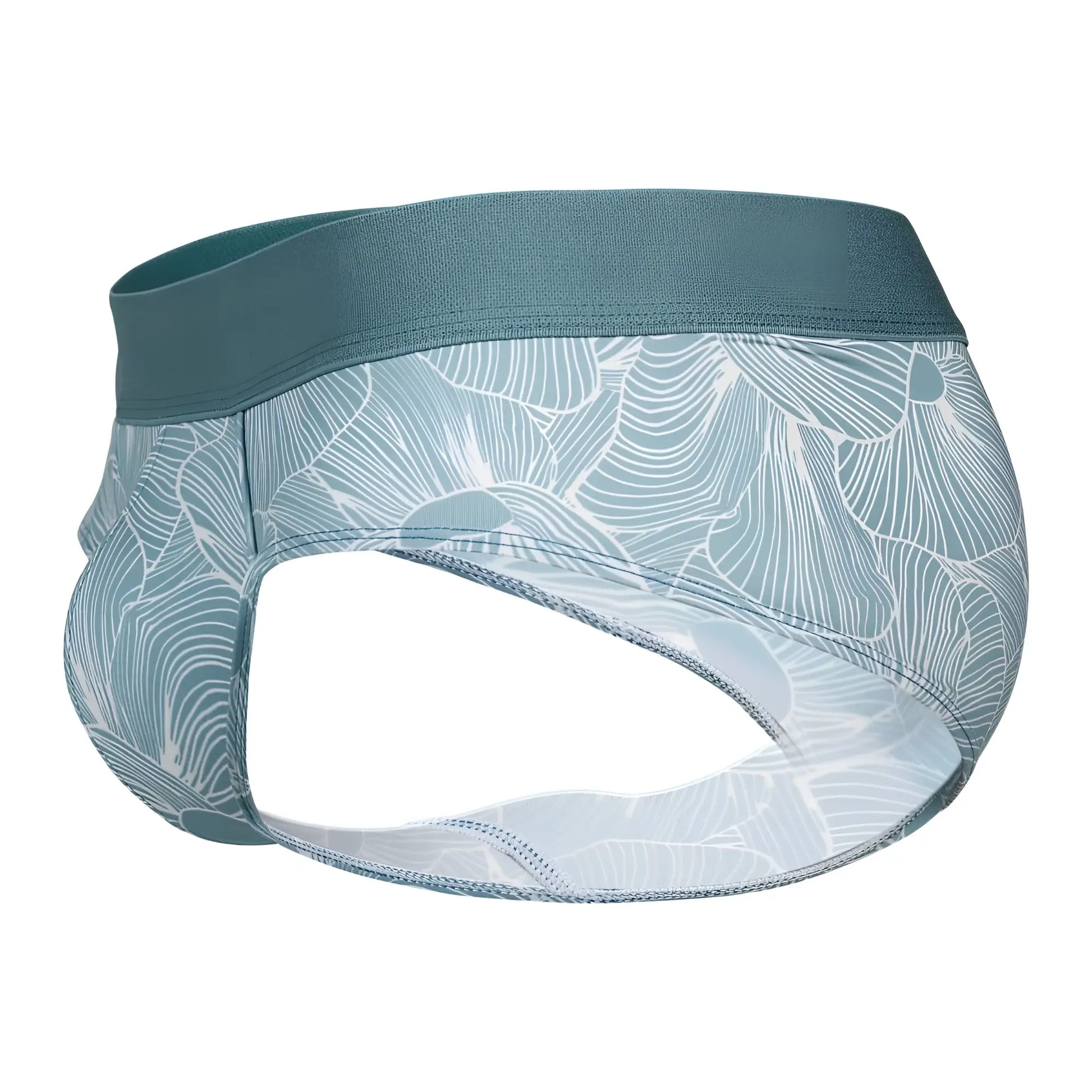 Teal and white leaf-patterned clever 1730 rose briefs in green with stretchy elastic waistband for men