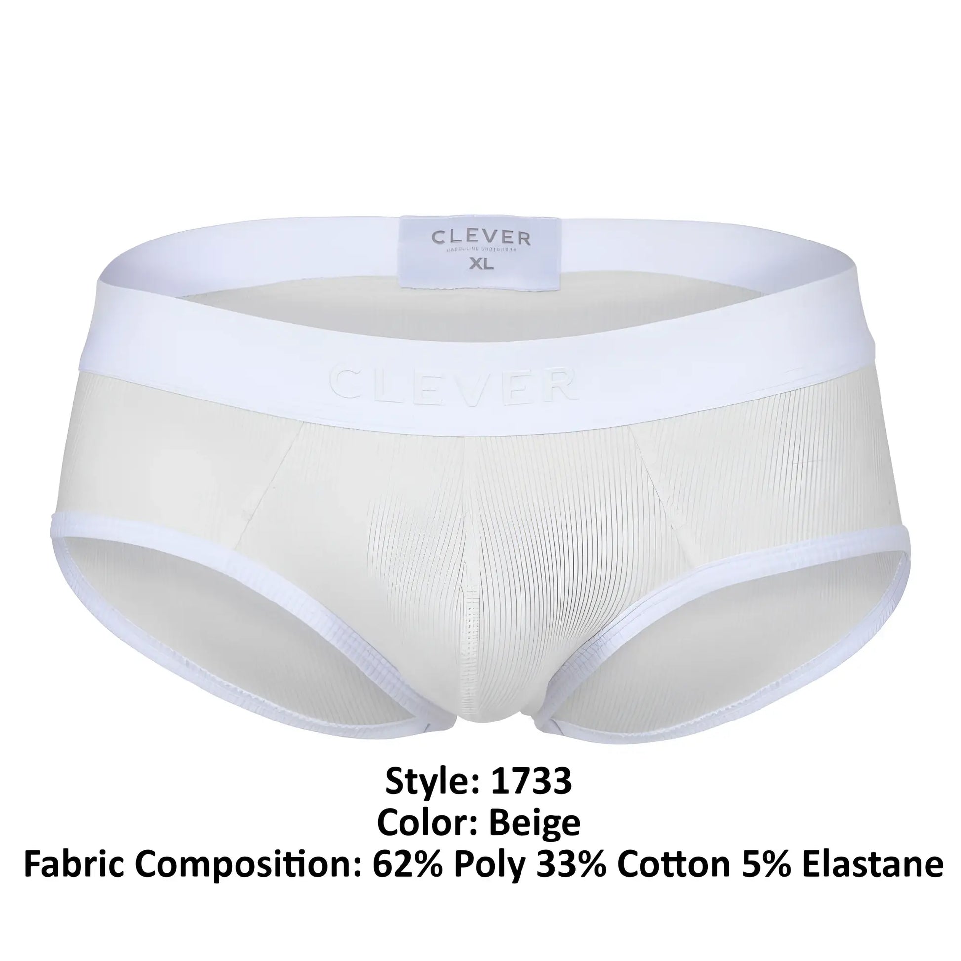 Beige clever 1733 briefs with white elastic waistband and trim designed for comfortable everyday wear