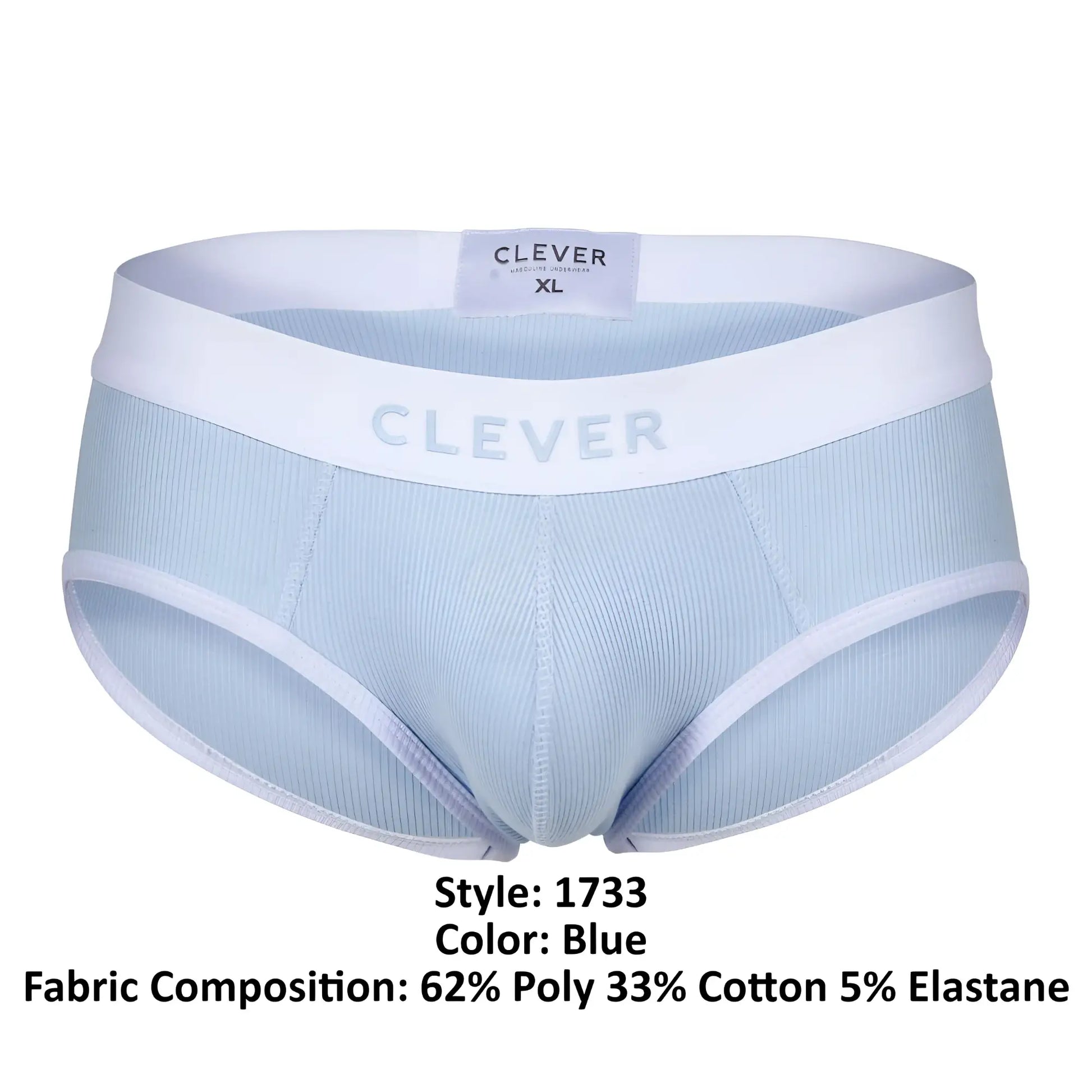 Light blue ribbed cotton briefs with white elastic waistband and clever brand logo in clever 1733 colors brief blue