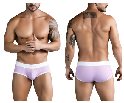 Lavender ribbed briefs with white elastic waistband and clever branding in lilac color for comfortable wear