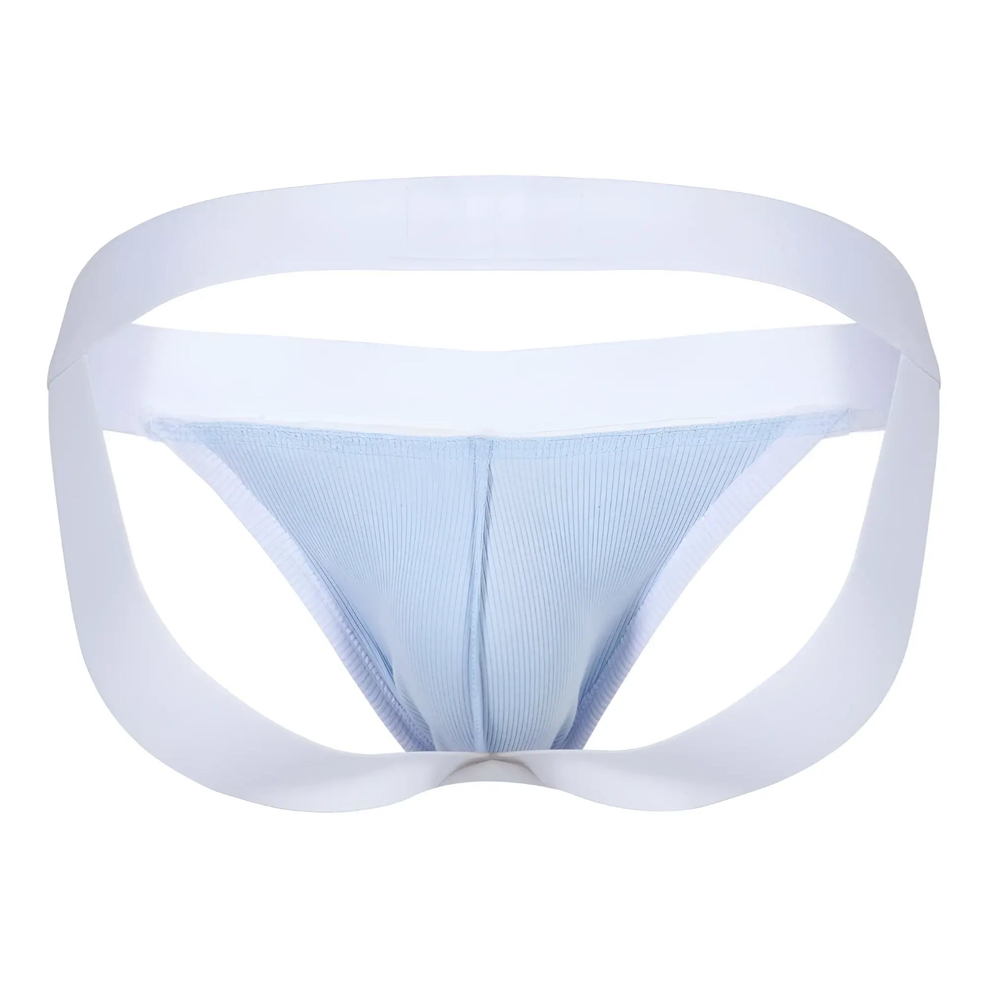 Light blue ribbed fabric briefs with white elastic waistband and leg openings from clever 1734 colors jockstrap in blue