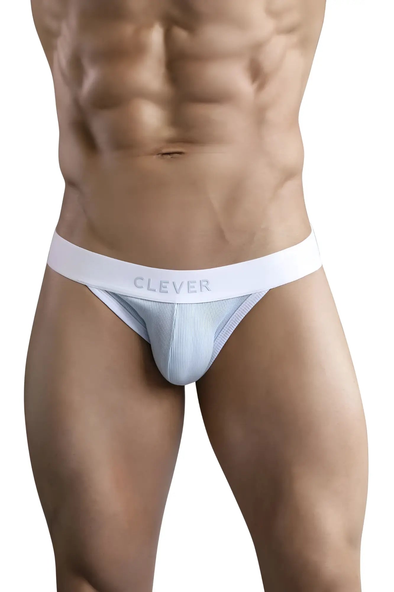 White and light blue ribbed cotton briefs with white clever waistband from clever 1734 colors jockstrap in blue