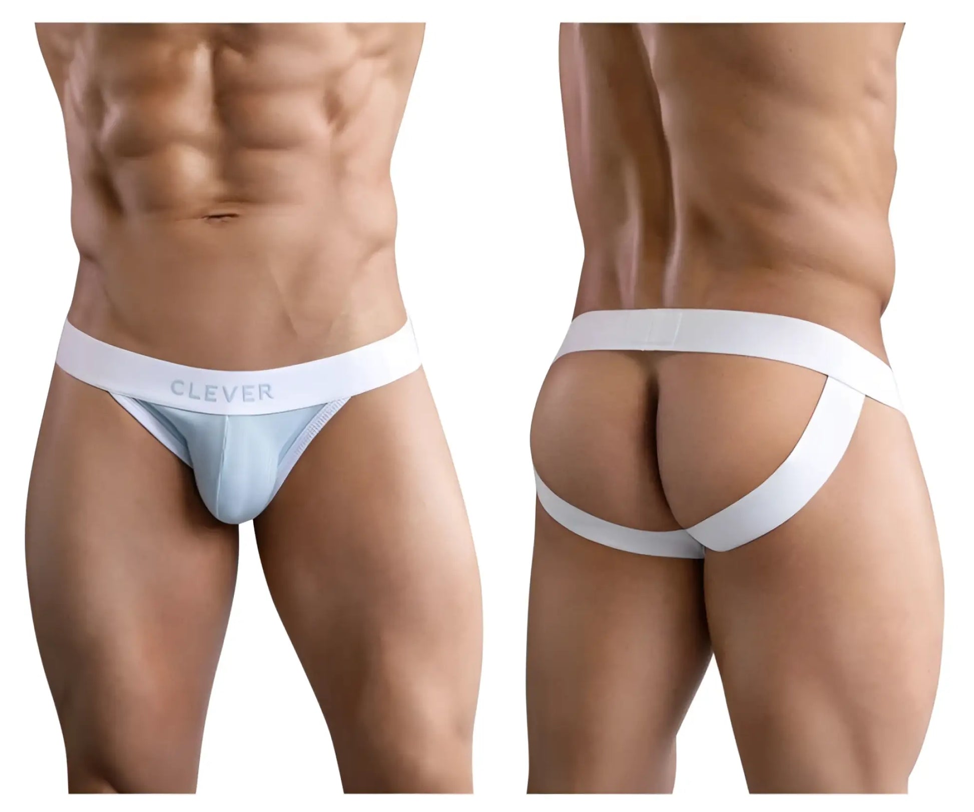 White and light blue textured fabric briefs with white waistband branded clever in clever 1734 colors jockstrap blue