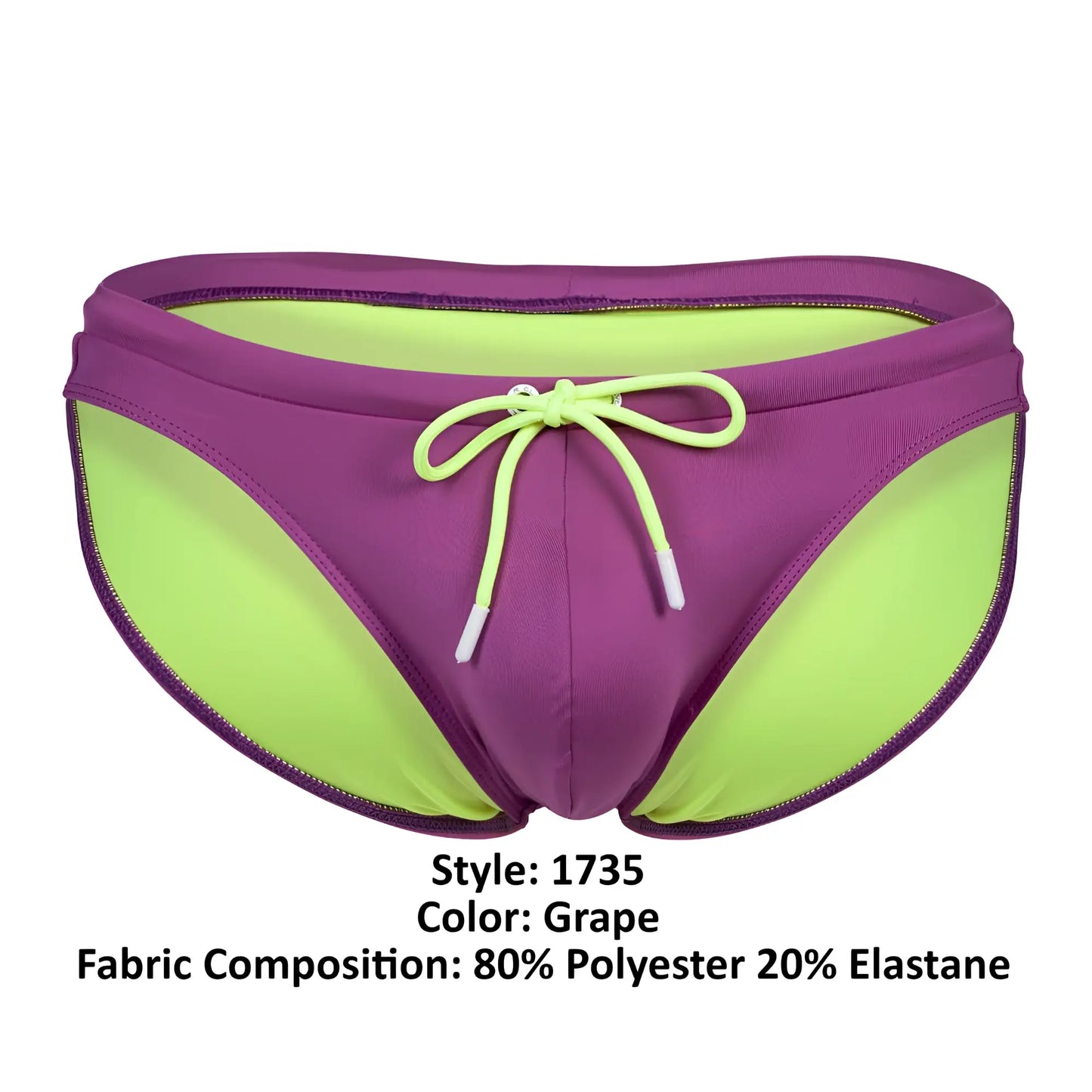 Clever 1735 vivo swim briefs in grape color featuring purple and lime green fabric with a drawstring waistband
