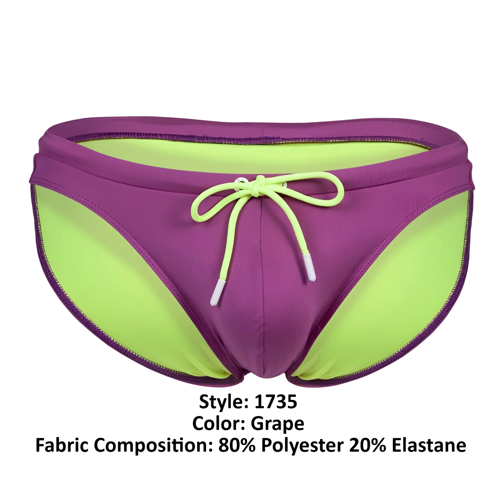 Clever 1735 vivo swim briefs in grape color featuring purple and lime green fabric with a drawstring waistband