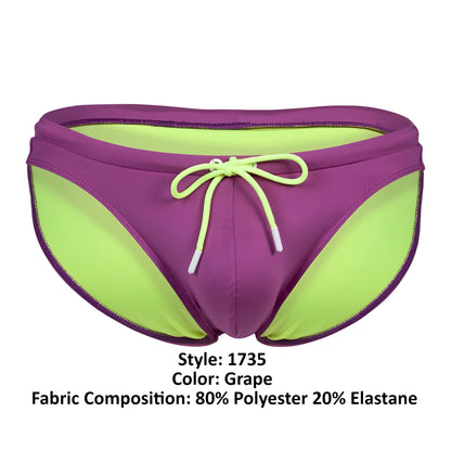 Clever 1735 vivo swim briefs in grape color featuring purple and lime green fabric with a drawstring waistband