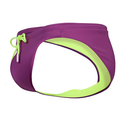 Clever 1735 vivo swim briefs in grape feature purple and neon green swim trunks with a drawstring waistband