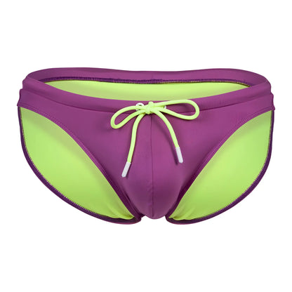 Purple and neon green clever 1735 vivo swim briefs with a matching drawstring tie for comfortable swimwear use