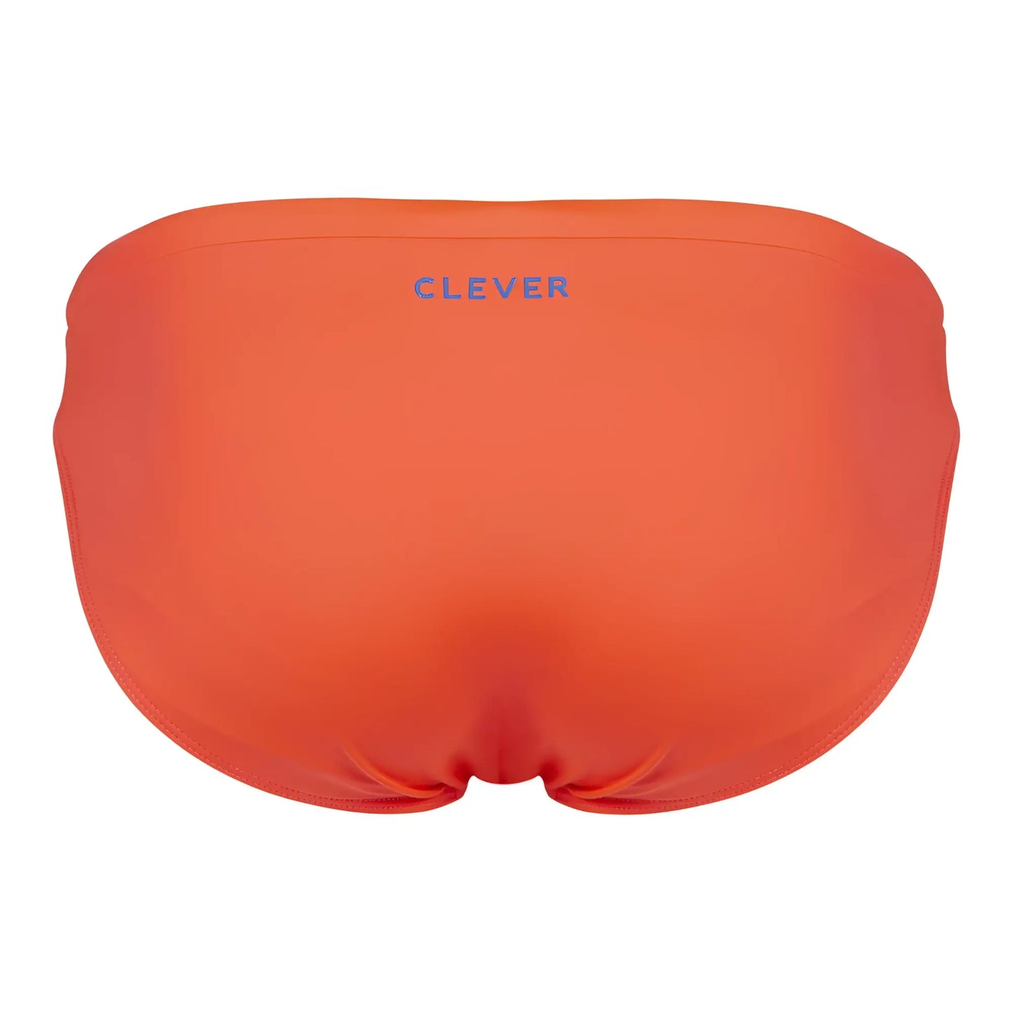 Bright orange clever 1735 vivo swim briefs with subtle textured fabric and light purple embroidered waistband logo