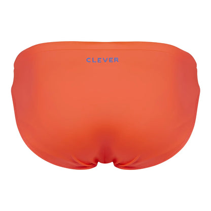 Bright orange clever 1735 vivo swim briefs with subtle textured fabric and light purple embroidered waistband logo