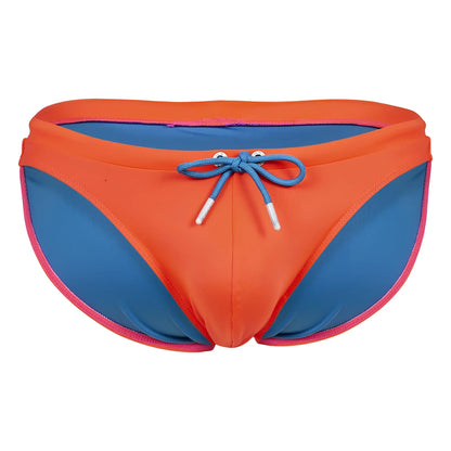 Clever 1735 vivo swim briefs in vibrant orange and blue with pink trim and adjustable drawstring tie for swimming