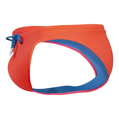 Vibrant orange clever 1735 vivo swim briefs with bold blue and pink trim and matching blue drawstring for adjustable fit