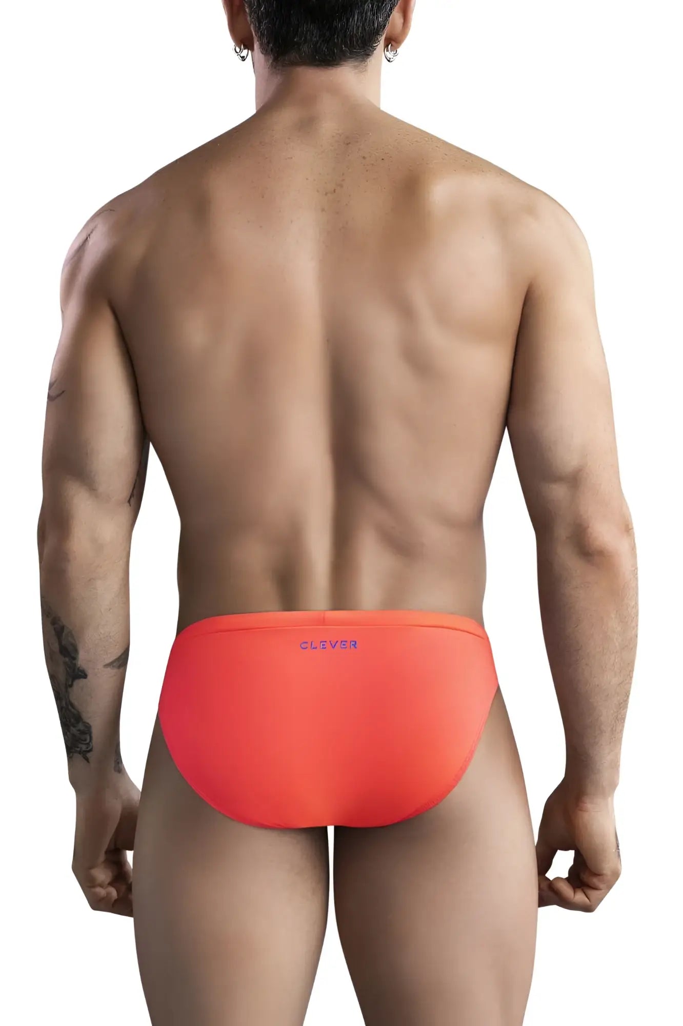 Vibrant orange clever 1735 vivo swim briefs with sleek form fitting design and subtle purple embroidery on waistband