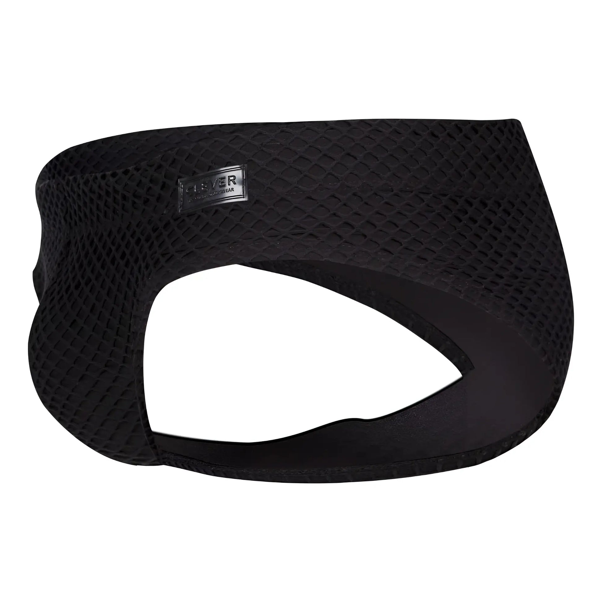 Black clever 1743 mesh headband with sleek contoured design and small rectangular brand tag for island swim briefs