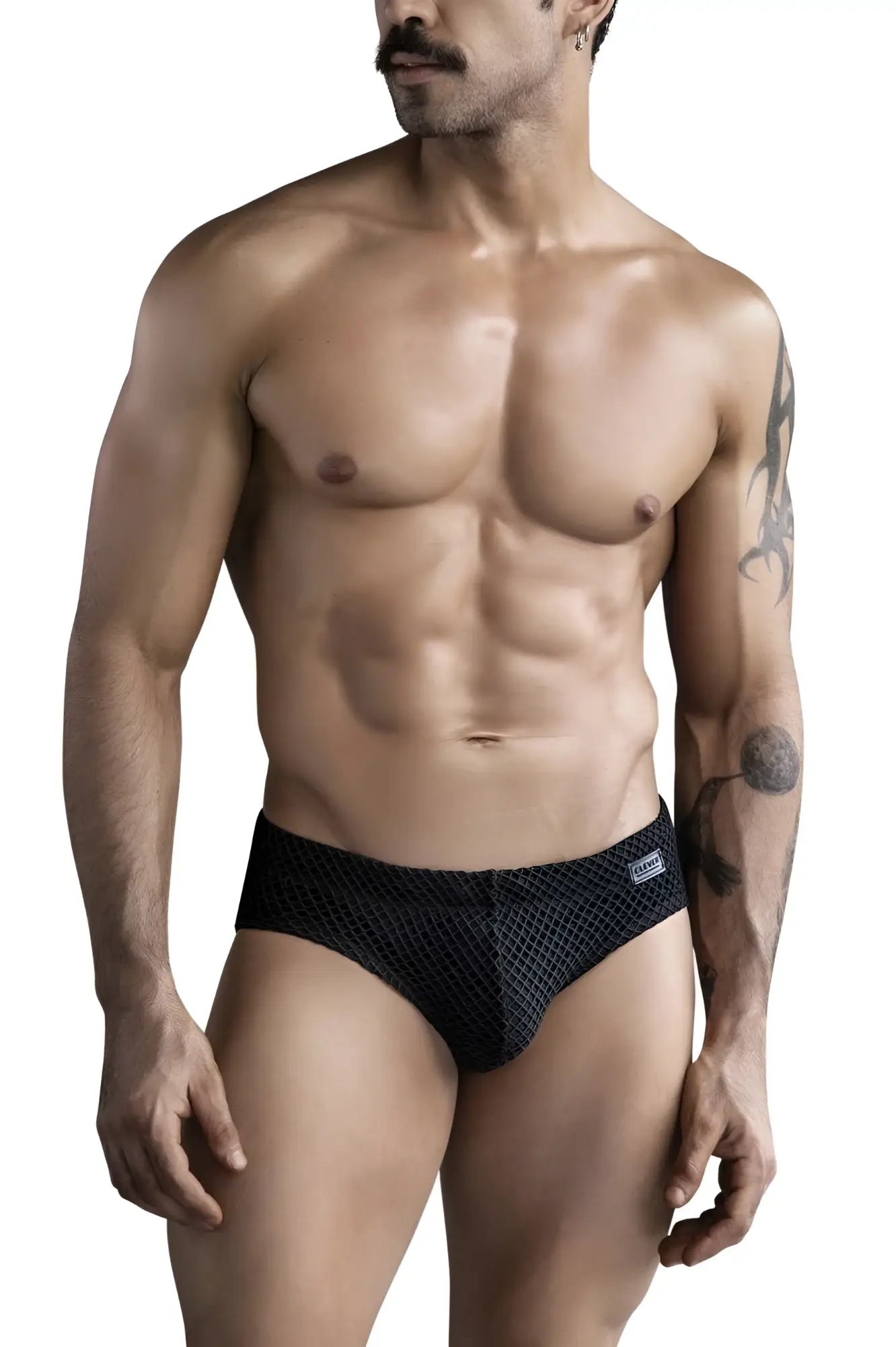 Black mesh clever 1743 island swim briefs with subtle textured pattern designed for swimming and beachwear