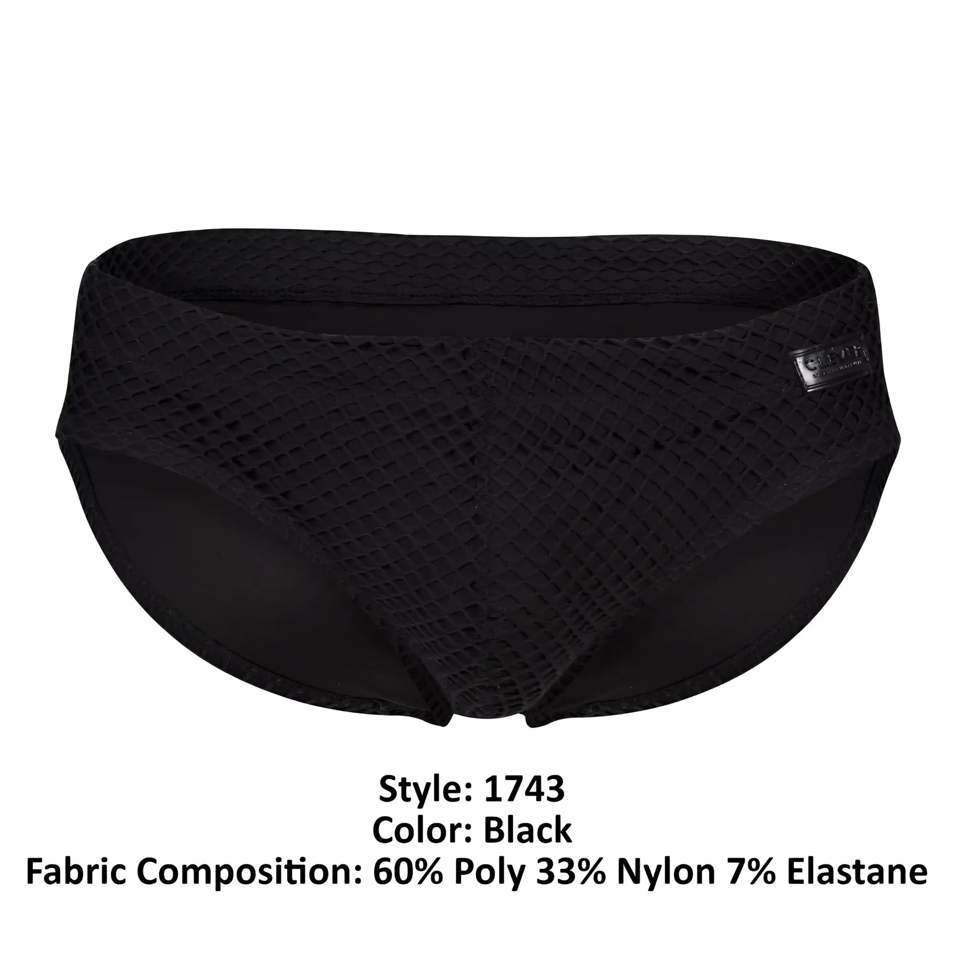 Black mesh clever 1743 island swim briefs with sleek form-fitting design and subtle brand label on the side