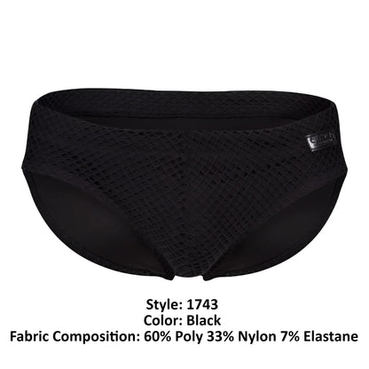 Black mesh clever 1743 island swim briefs with sleek form-fitting design and subtle brand label on the side