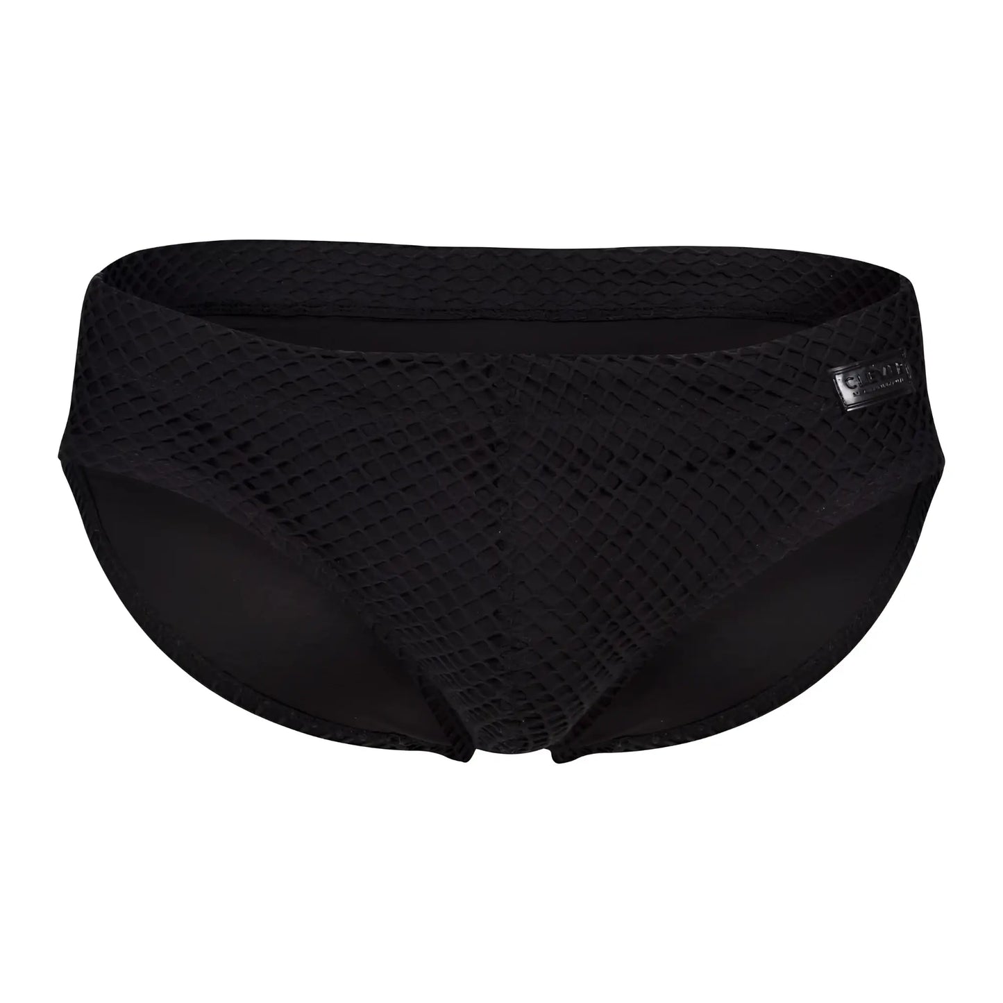 Black clever 1743 island swim briefs featuring mesh material, sleek textured pattern, and subtle brand tag on the side