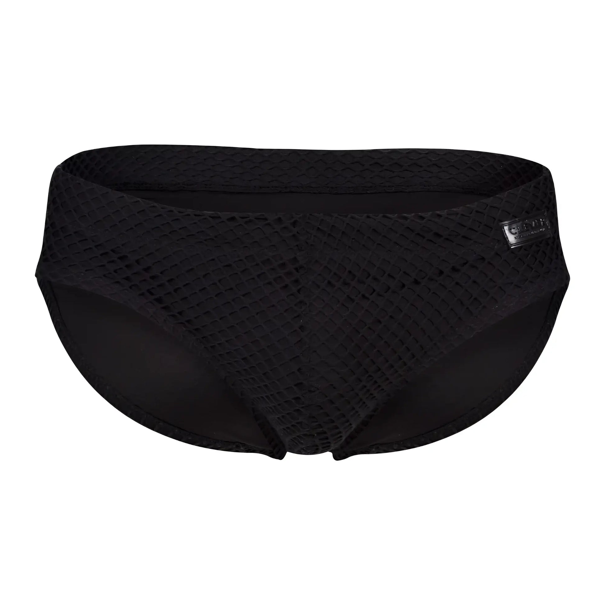 Black clever 1743 island swim briefs featuring mesh material, sleek textured pattern, and subtle brand tag on the side