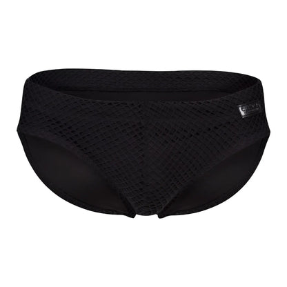 Black clever 1743 island swim briefs featuring mesh material, sleek textured pattern, and subtle brand tag on the side