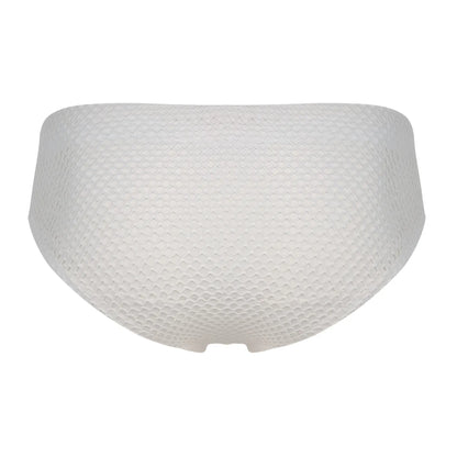 White clever 1743 island swim briefs featuring a textured honeycomb mesh pattern for swimwear use
