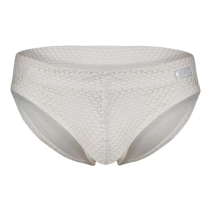 White clever 1743 island swim briefs with a subtle diamond textured pattern and sleek modern design