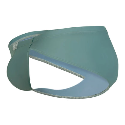 Teal clever 1744 spring briefs swim trunks with light blue interior and silver trim along the edges