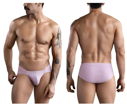 Lavender-colored smooth men’s briefs with subtle clever logo on waistband in light pink spring briefs design