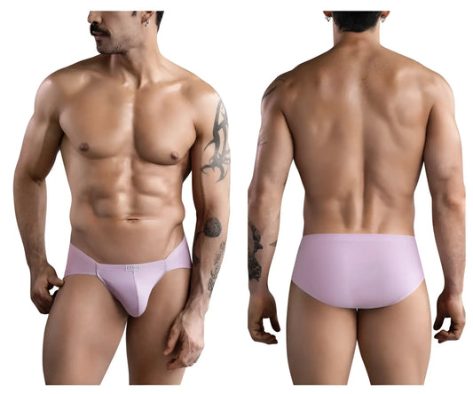 Lavender-colored smooth men’s briefs with subtle clever logo on waistband in light pink spring briefs design