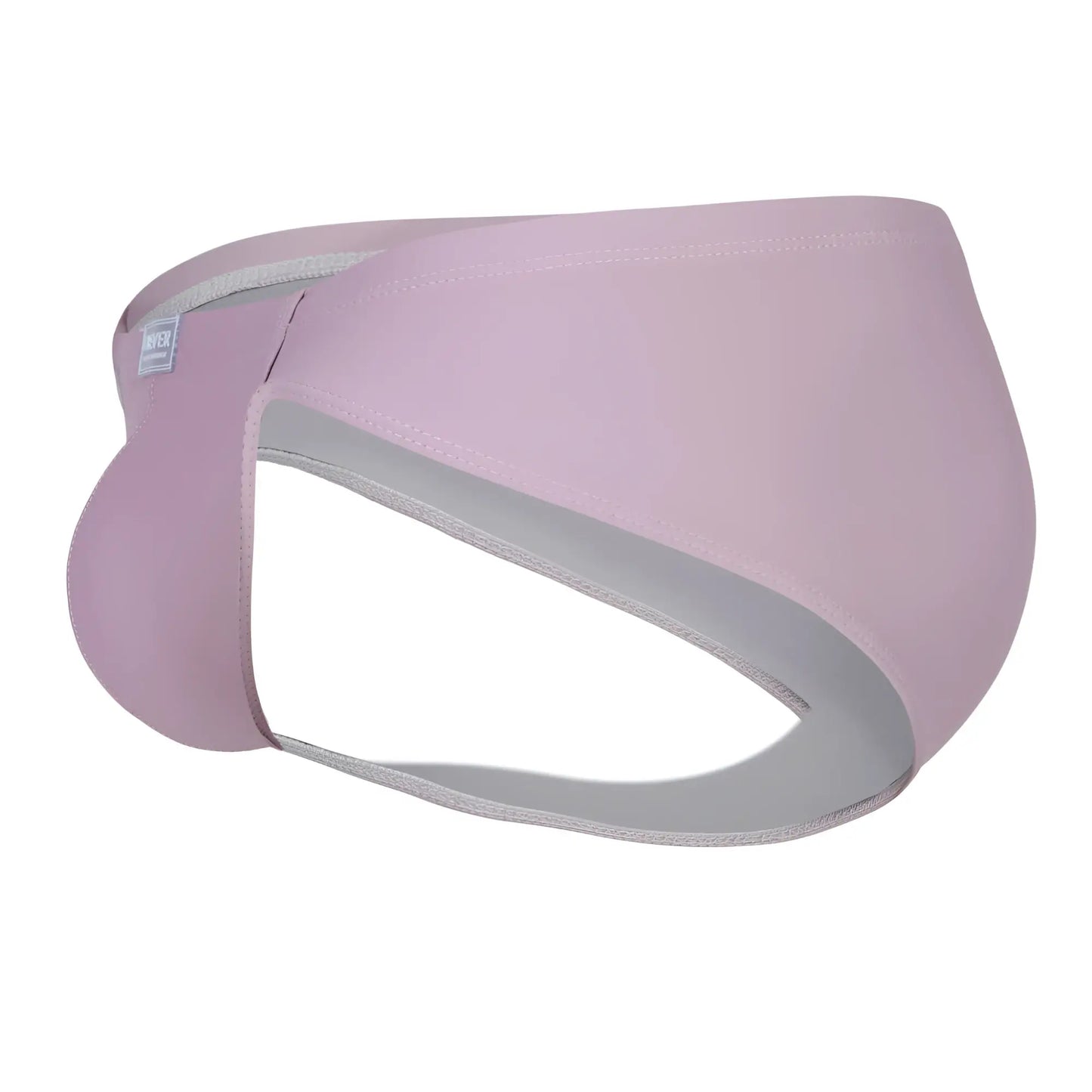 A soft lavender-colored form-fitting men’s brief with smooth elastic waistband and gray trim from clever 1744 spring briefs