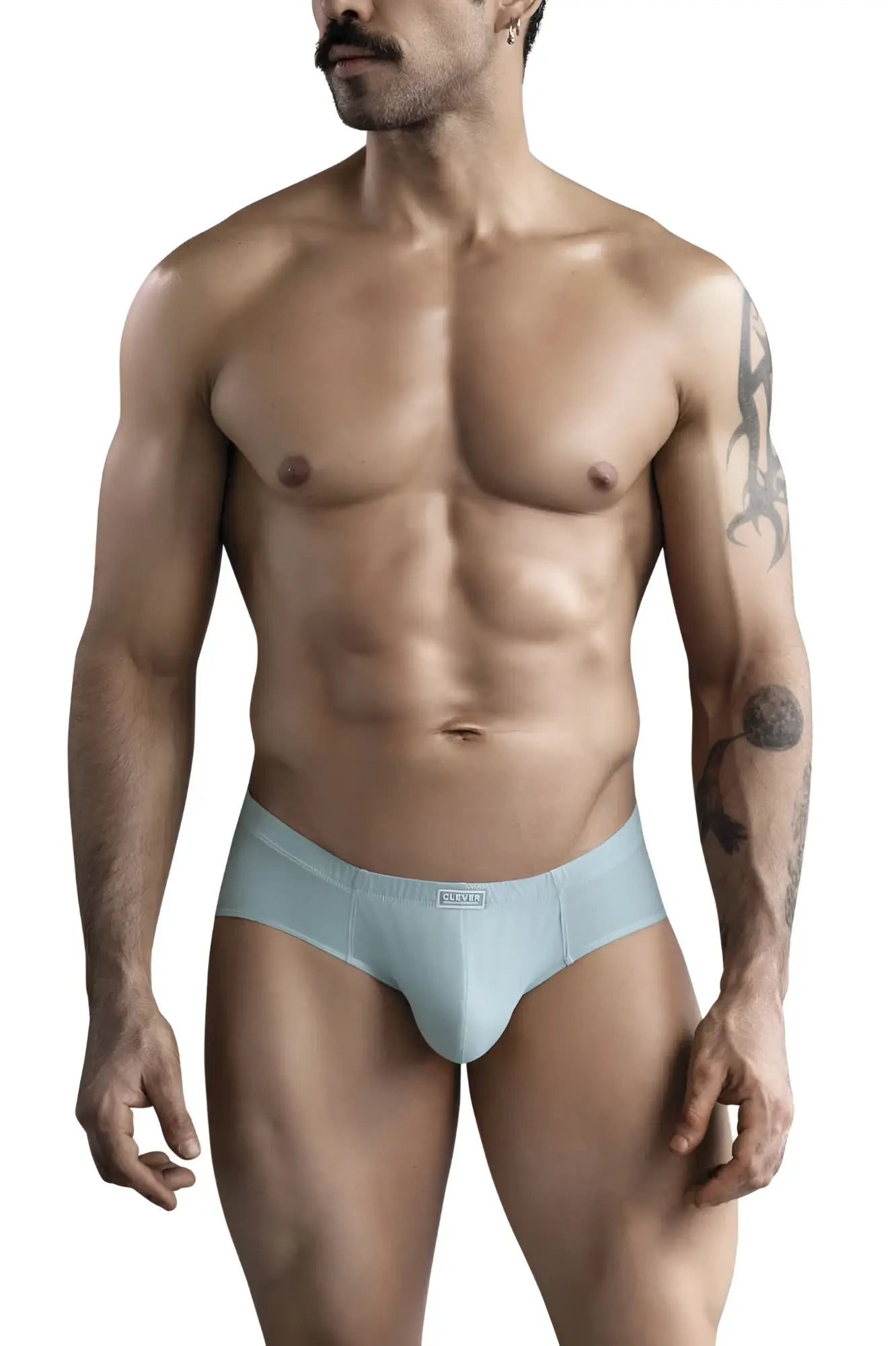 Light blue form-fitting briefs with subtle elastic waistband and bloom brand embroidery from clever 1746 pastel briefs green