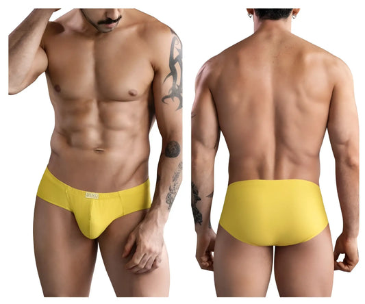 Bright yellow mustard clever 1746 pastel briefs with form-fitting smooth fabric and small brand tag on waistband