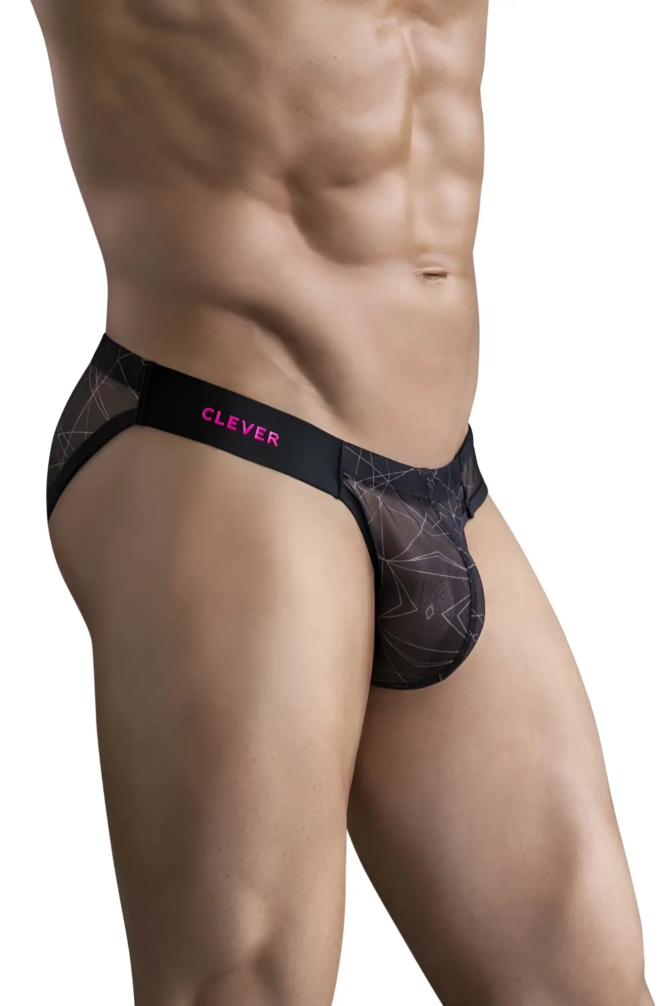 Black mesh briefs with geometric pattern and pink clever branding on the waistband from clever 1747 geometric bikini