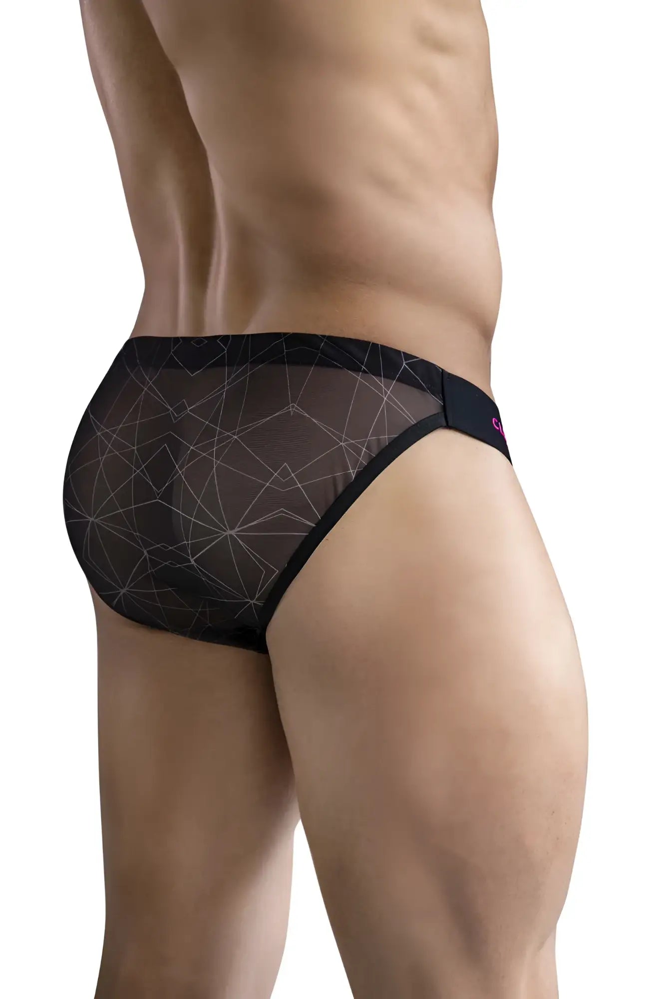 Black mesh briefs with geometric pattern and pink clever logo on waistband from clever 1747 geometric bikini color black
