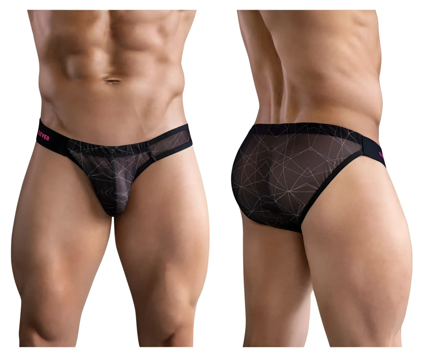 Black mesh briefs with a geometric pattern and pink branding on the waistband from clever 1747 bikini color black collection